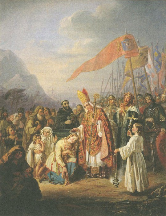 Piispa Henrik kastaa suomalaisia kristinuskoon Kupittaalla. Taustalla kuningas Erik ja suuri joukko sotilaita